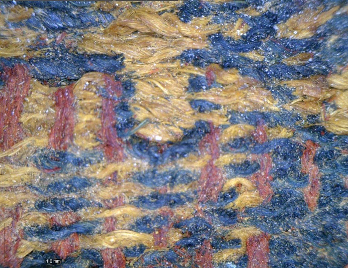 3000 Year Old Fabric from Timna, Israel, Dyed with Woad blue and Madder red.  This picture is taken from the PLOS ONE original peer reviewed article and the link is at the bottom of this page