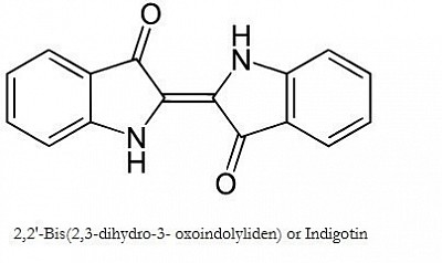 Chemical formula of Woad, Indigo and other plant indigos.  The Murex snail dye becomes this once the 2 Bromine atoms have been removed using ultraviolet light