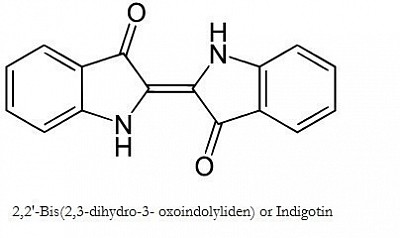 Chemical formula of Woad, Indigo and other plant indigos. The Murex snail dye becomes this once the 2 Bromine atoms have been removed using ultraviolet light