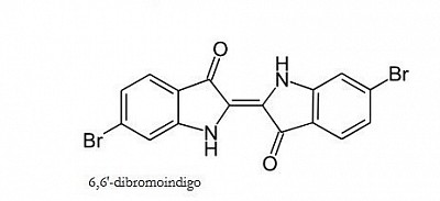 Chemical formula for the Tyrian Purple's, Murex snail dye.  Notice the 2 Bromine (Br) atoms