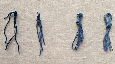 From the left: Radzin's Cuttlefish dye on wool, Ptil's Murex snail dye on wool, Ancients' Blue Woad dye on linen and Zipporah's Indigo dye on linen.
